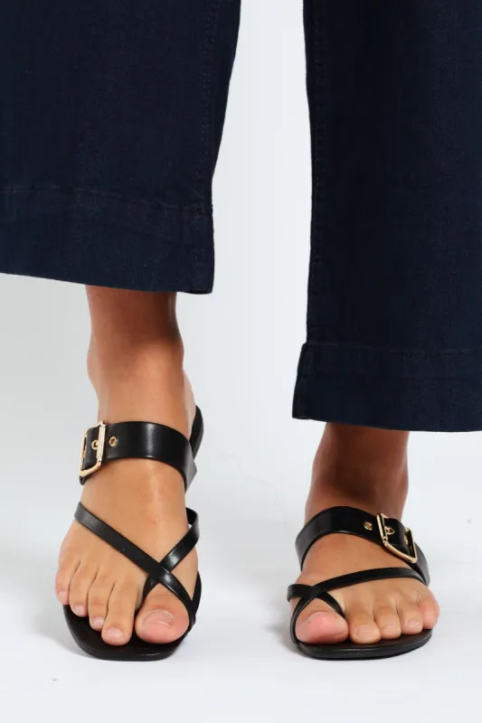 Buckle Detail Toe Post Sandal - Black sold by Edgars
