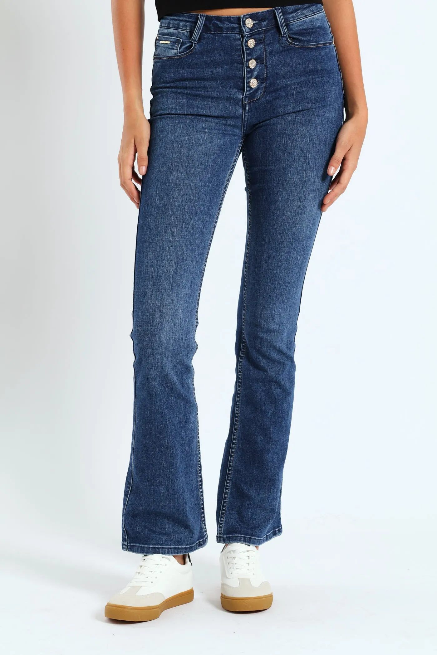 High Waist Bootleg Denim With Exposed Buttons - Dark Blue sold by Edgars
