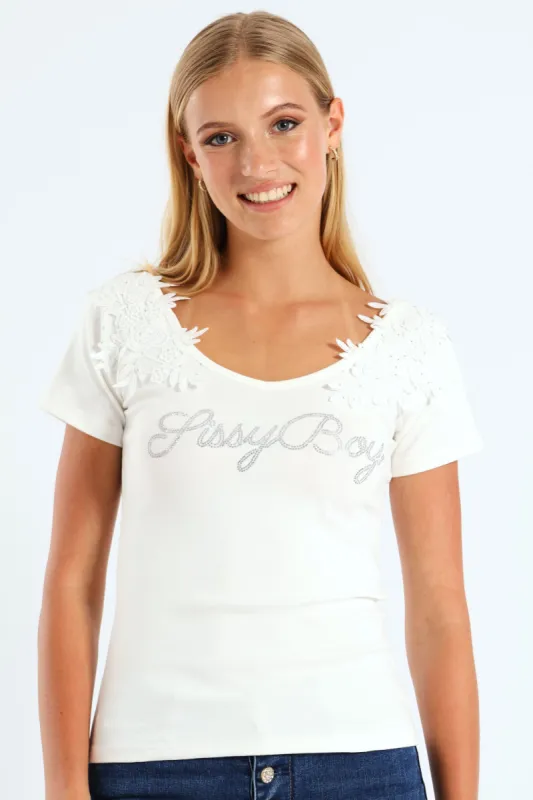 Bling Logo Top With Lace - White sold by Edgars