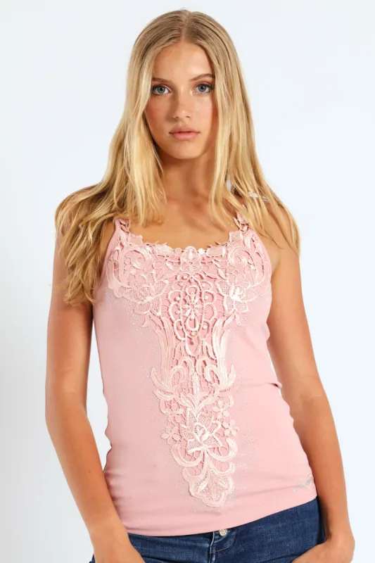 Strappy Vest With Floral Lace Motif - Light Pink sold by Edgars