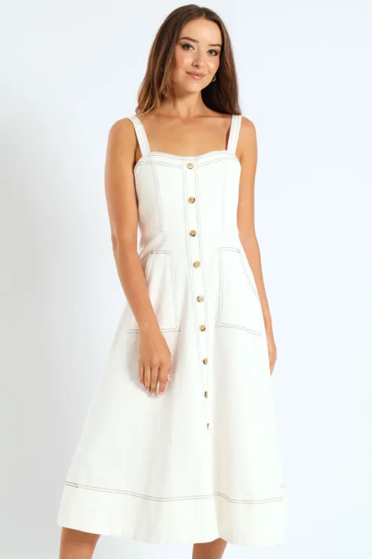 Fit & Flare Button Through Twill Midi Dress - Off White sold by Edgars