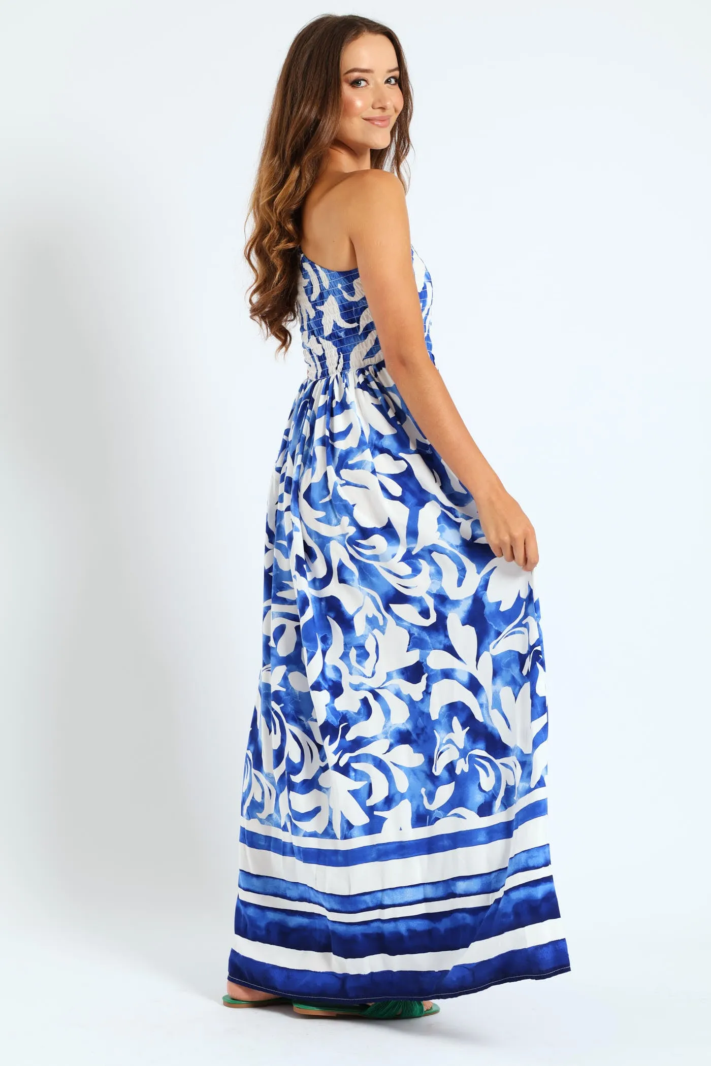 One Shoulder Shirred Bodice Floral Border Print Maxi Dress - White/Blue sold by Edgars product image thumbnail 2