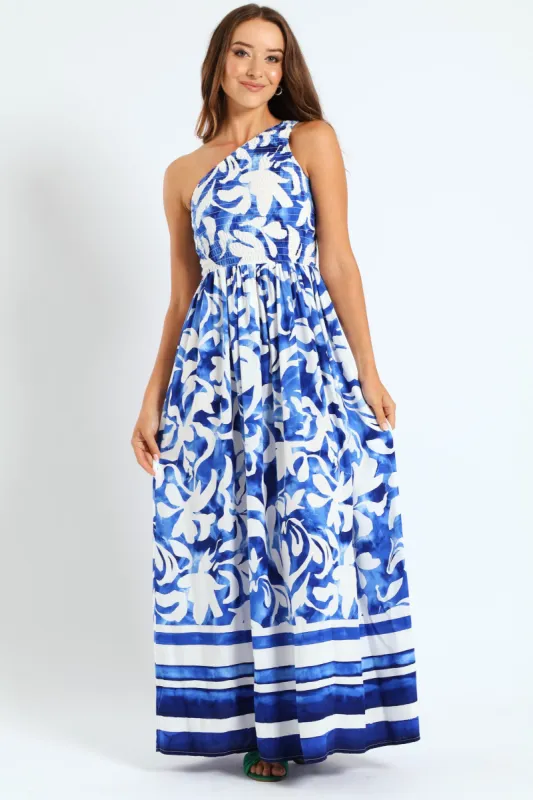 One Shoulder Shirred Bodice Floral Border Print Maxi Dress - White/Blue sold by Edgars
