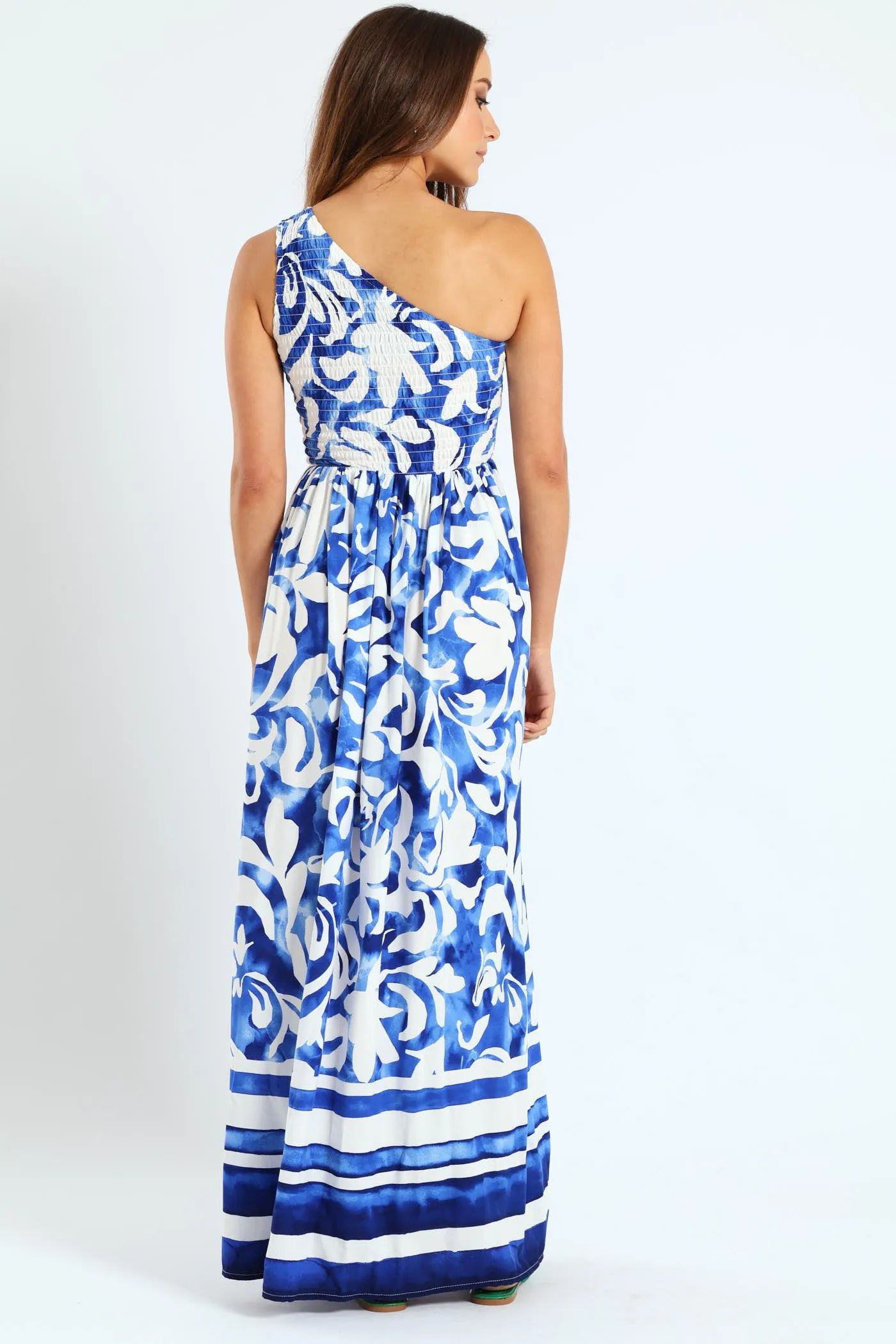 One Shoulder Shirred Bodice Floral Border Print Maxi Dress - White/Blue sold by Edgars product image thumbnail 3