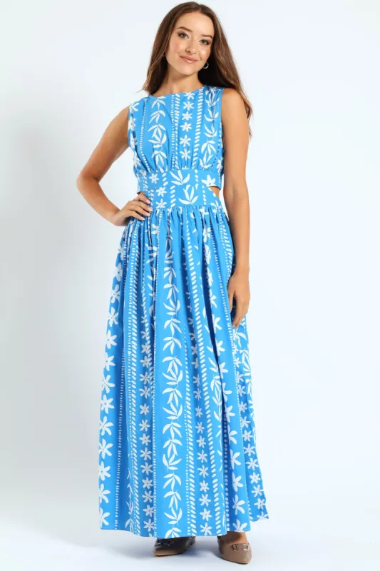Cut-Out Printed Poplin Maxi Dress - White/Blue sold by Edgars