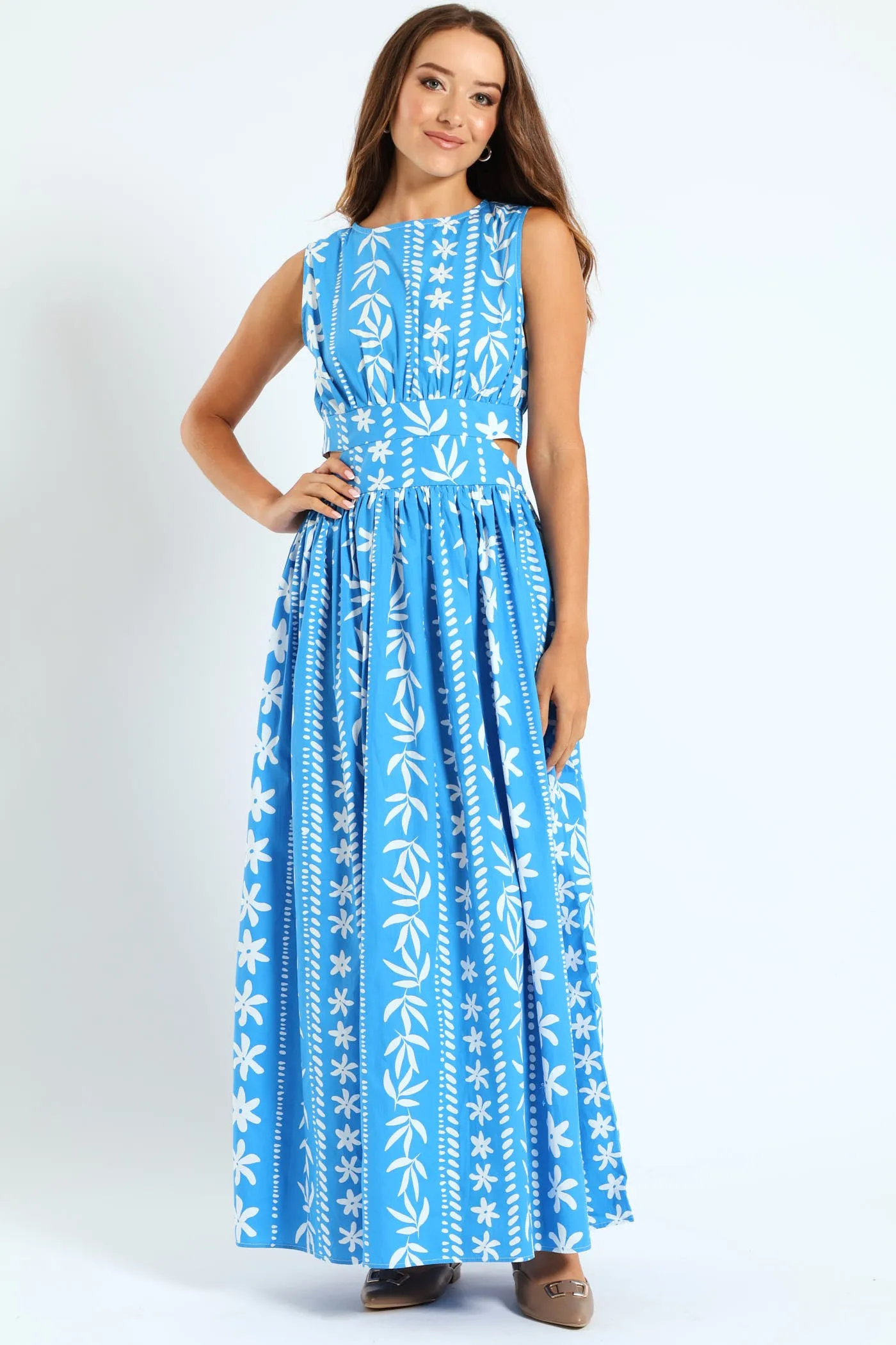 Cut-Out Printed Poplin Maxi Dress - White/Blue sold by Edgars