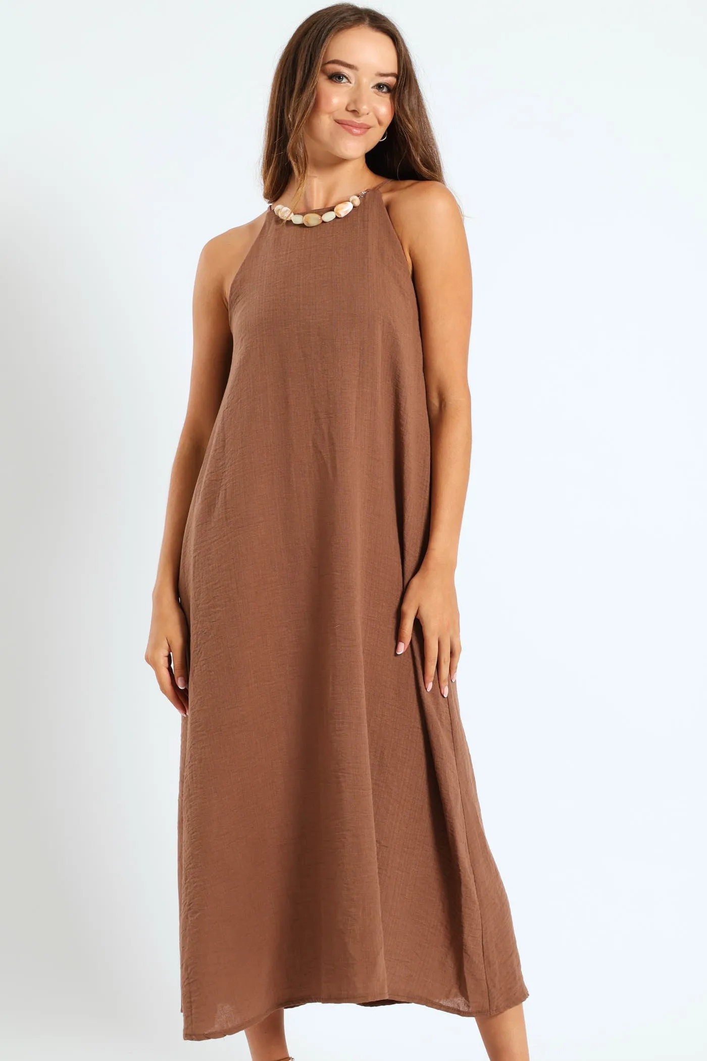 Strappy Hi-Neck Maxi Slip Dress With Necklace - Mid Brown sold by Edgars