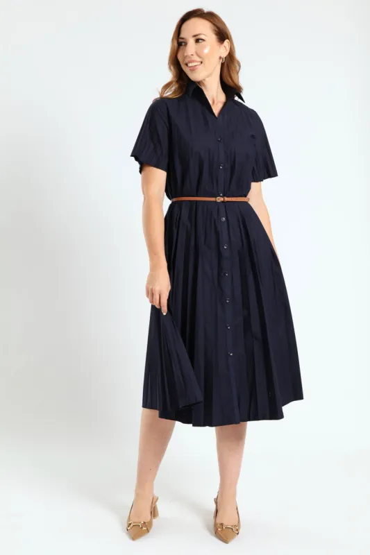 Pleated Button Through Dress - Blue sold by Edgars