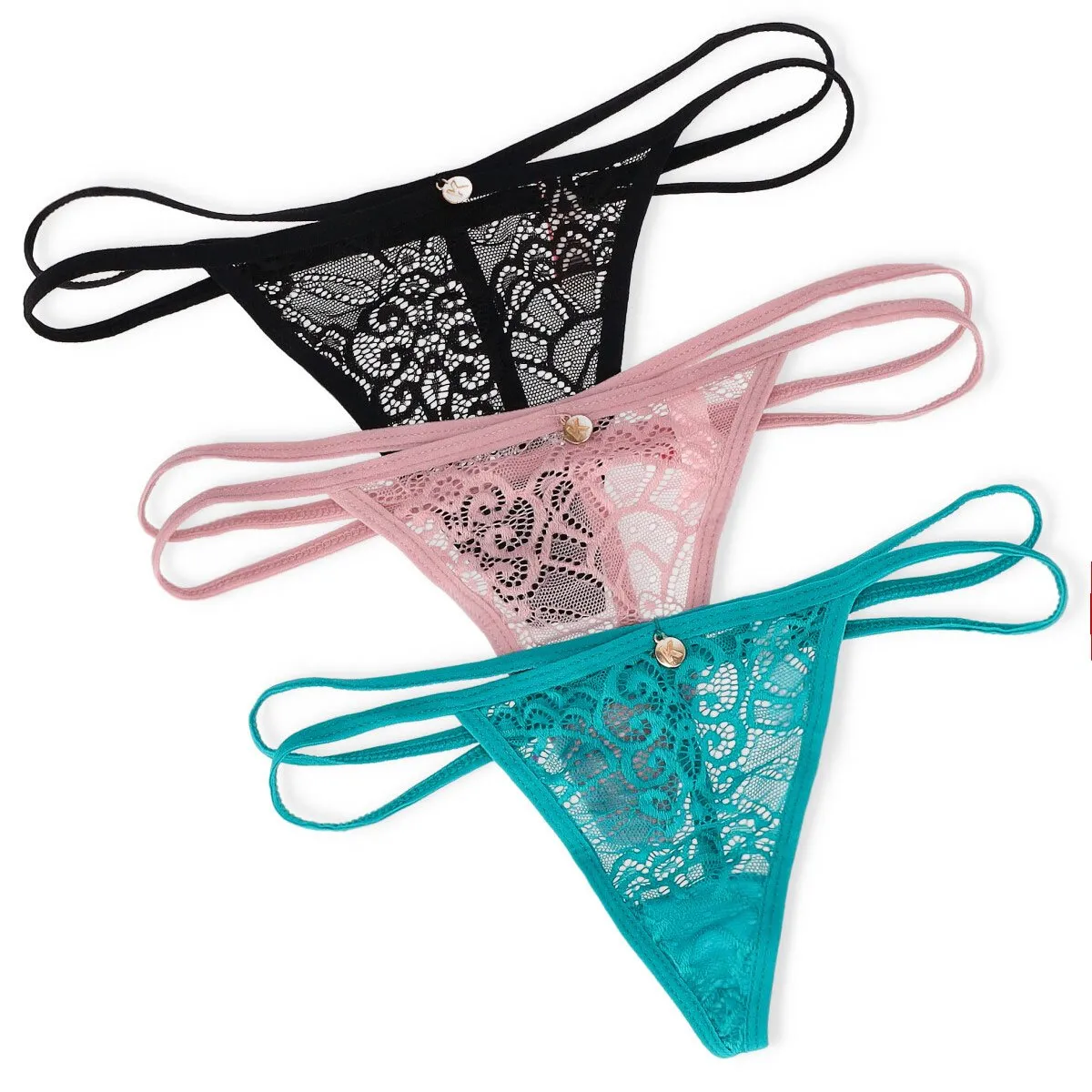 Ladies 3 Pack Lace Strappy T-String Panty - Two-tone sold by Edgars