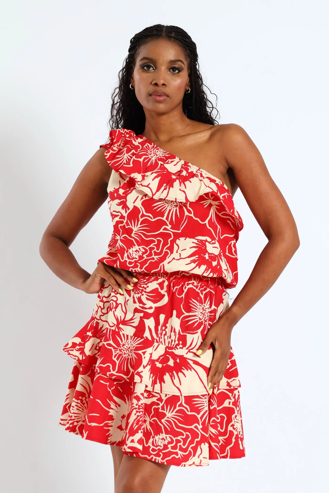 One Shoulder Floral Frill Top With Bubble Hem - White/Red sold by Edgars product image thumbnail 4