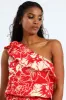 One Shoulder Floral Frill Top With Bubble Hem - White/Red sold by Edgars