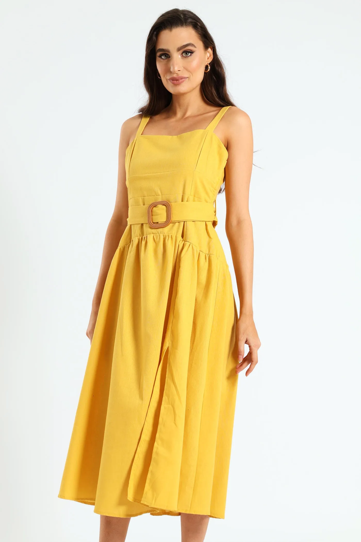 Strappy Belted Pleated Slit Midi Dress - Mustard sold by Edgars