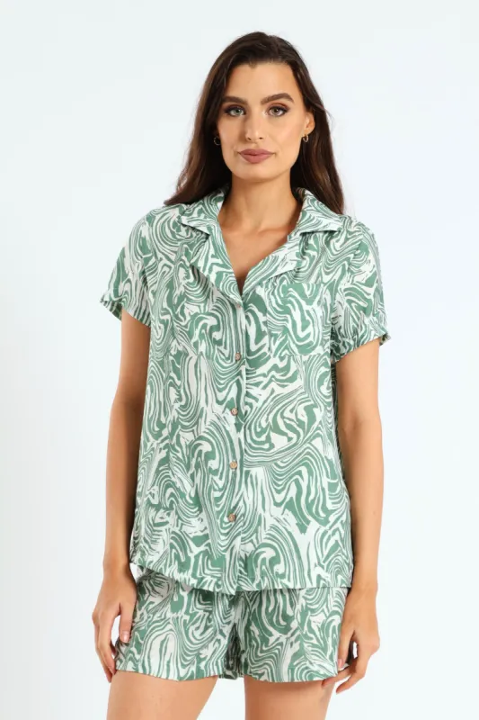 Button Through Wavy Print Short Set - White/Green made by Edgars
