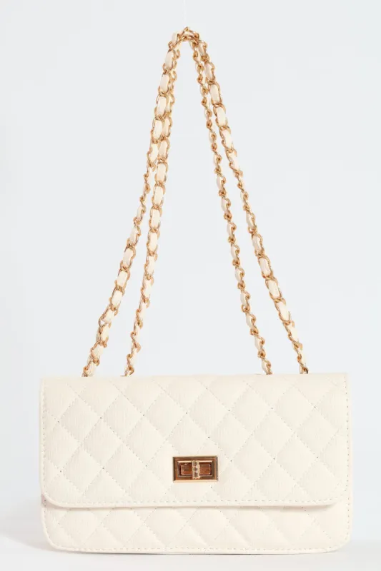 Quilted Chain Satchel Bag - Cream sold by Edgars