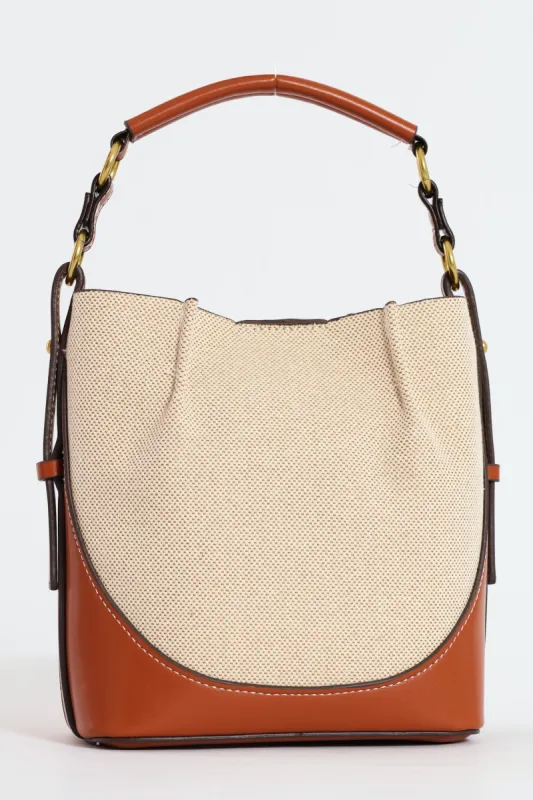 Canvas Colourblock Top Handle Bucket Bag - Tan sold by Edgars