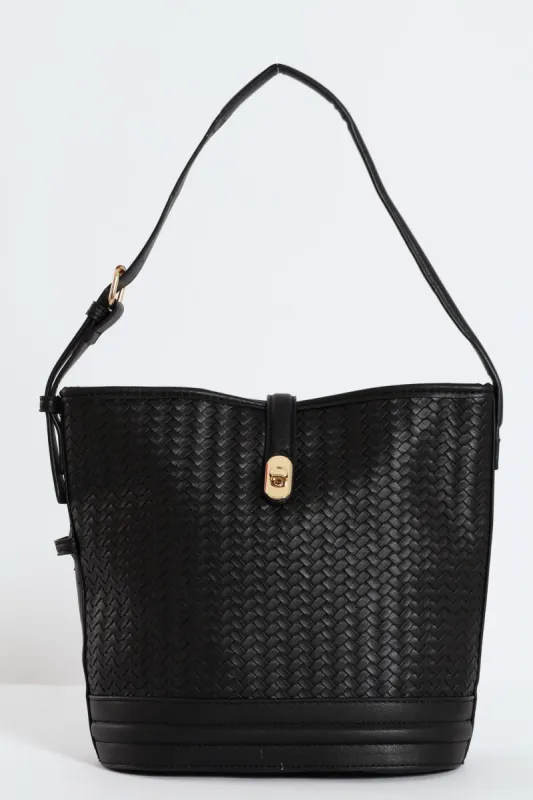 Weave Gold Clasp Bucket Bag - Black sold by Edgars