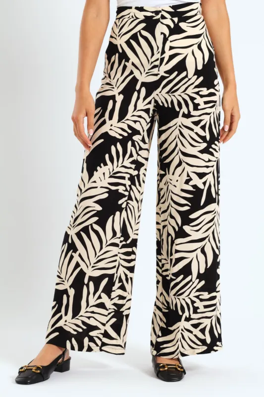 Pull-On Wideleg Leaf Print Pants - Black/Cream sold by Edgars