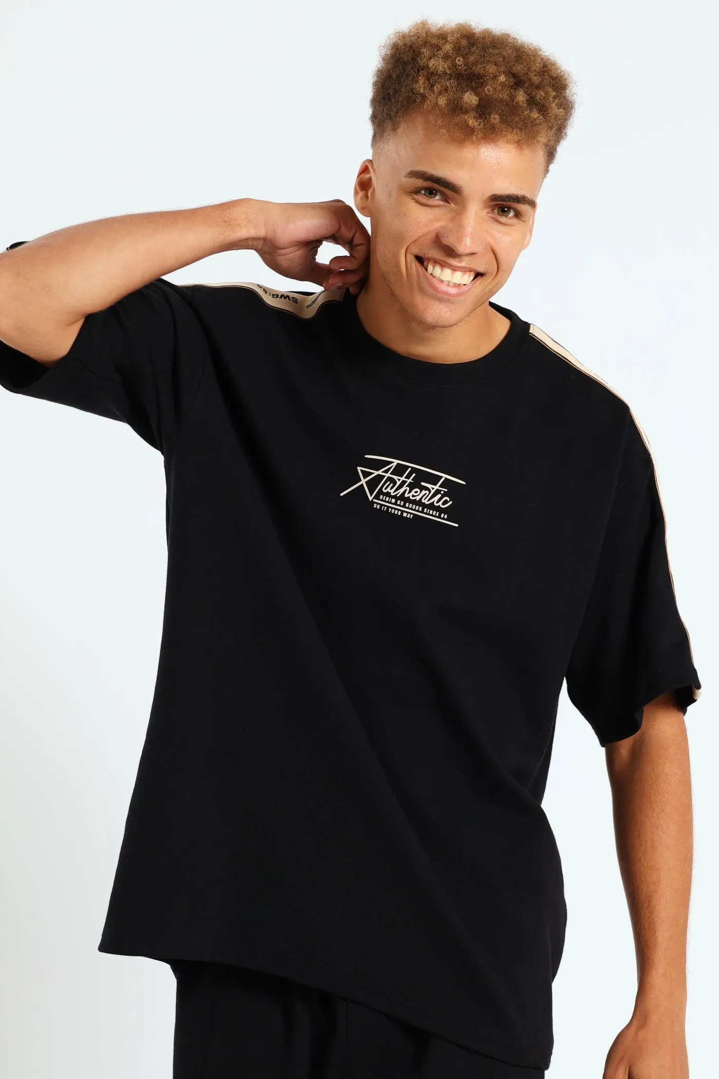 Pique Side Stripe Tee - Black sold by Edgars