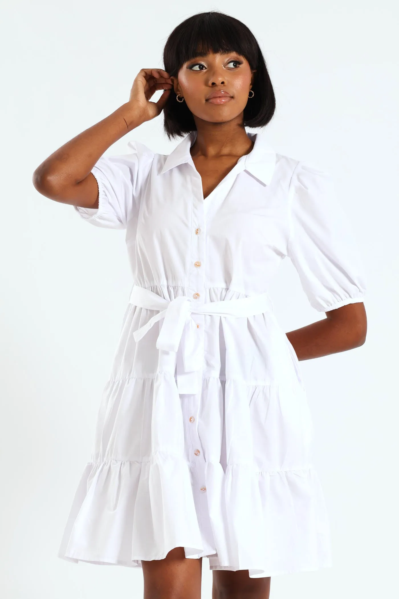 Collared Belted Tiered Shirt Dress - White sold by Edgars