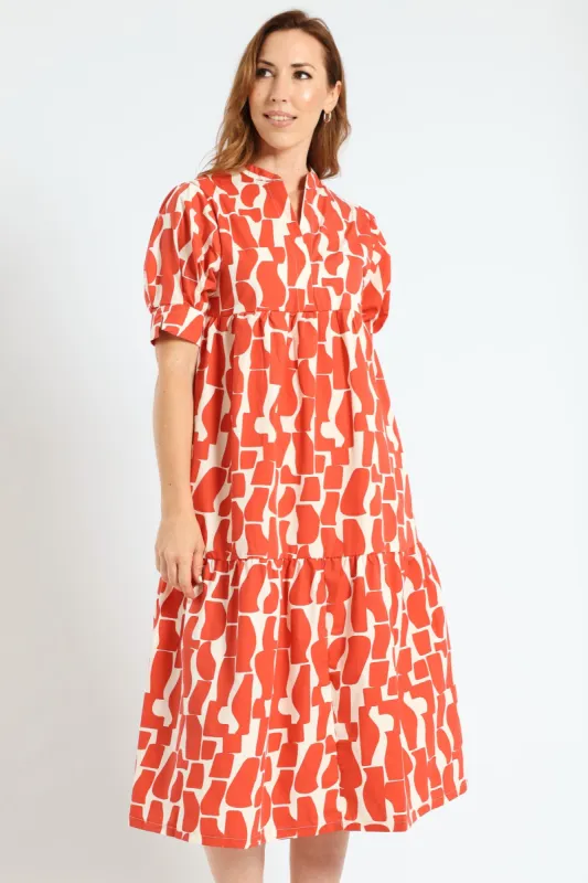 Mandarin Collar Tiered Midaxi Dress - Orange sold by Edgars 