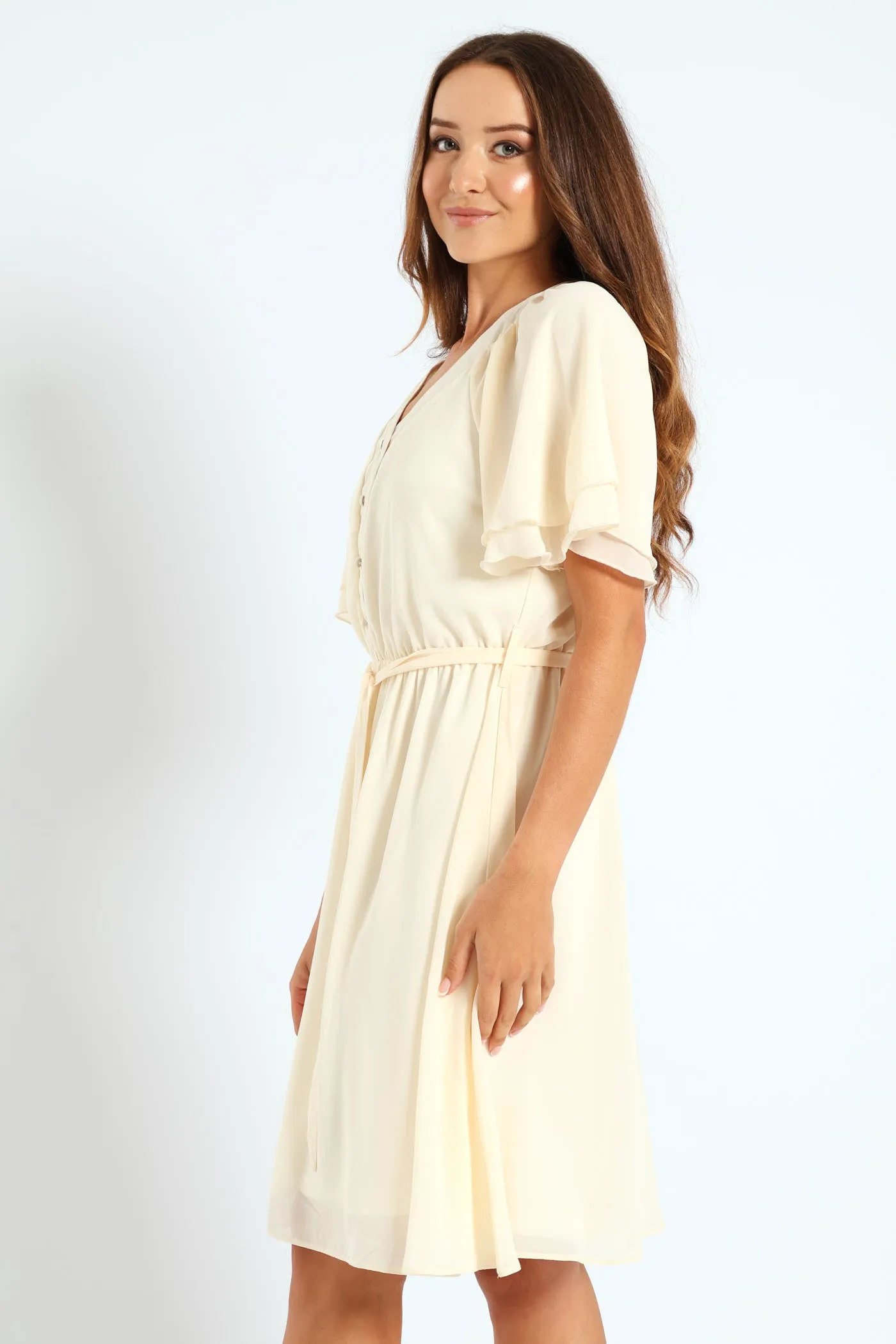 V-Neck Flutter Sleeve Belted Tea Dress - Cream sold by Edgars product image thumbnail 3