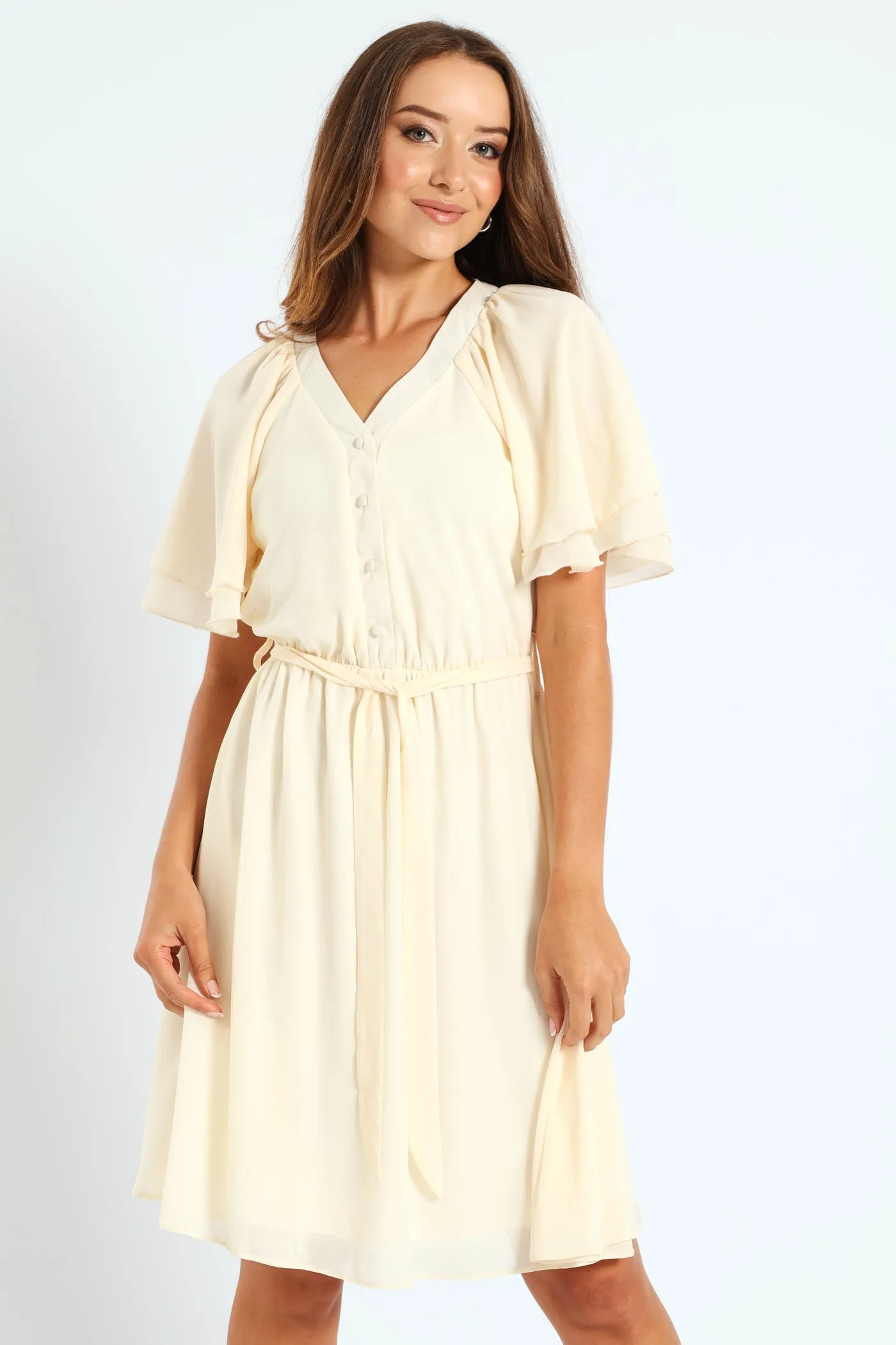 V-Neck Flutter Sleeve Belted Tea Dress - Cream sold by Edgars