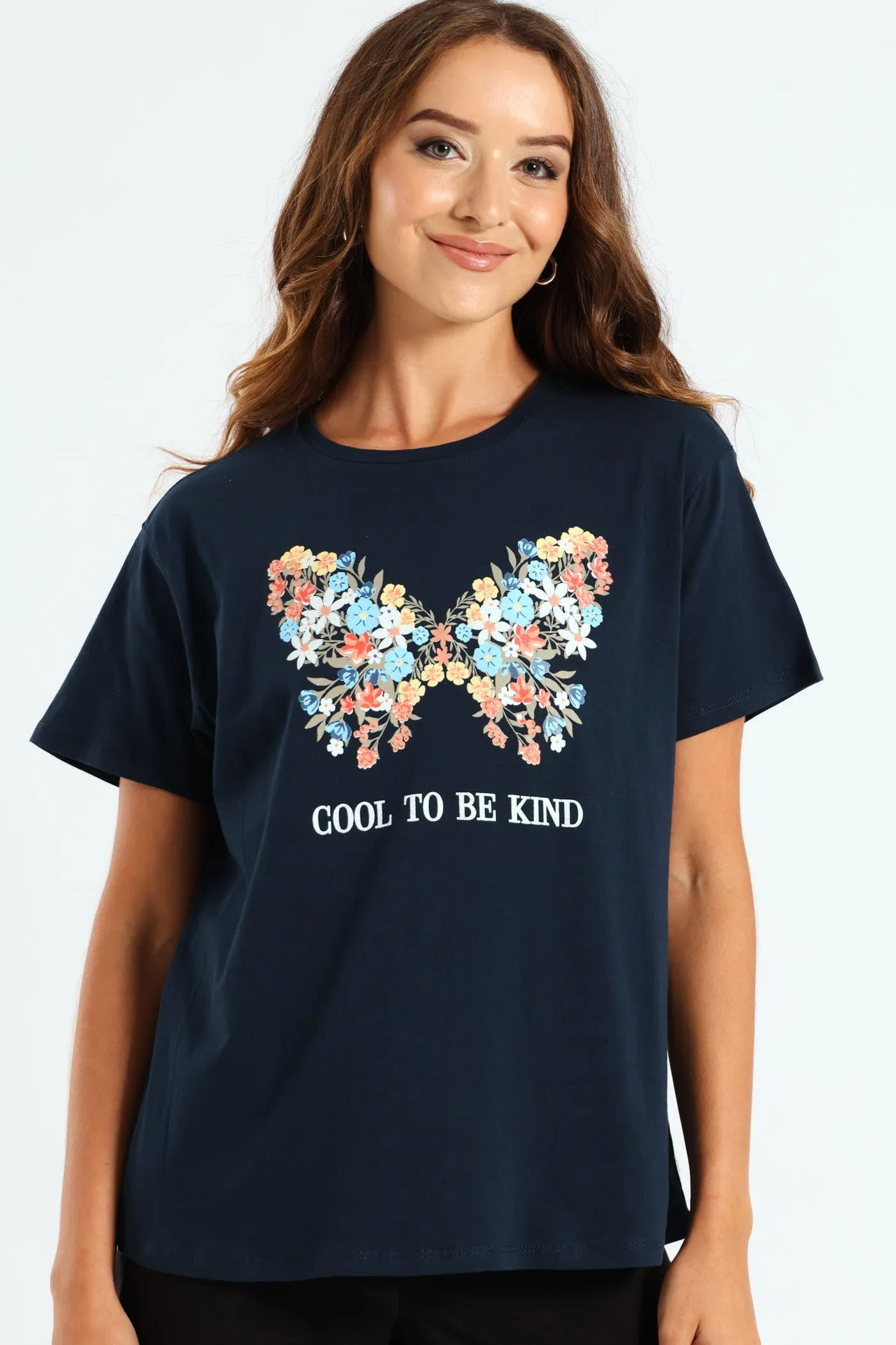Butterfly Floral Tee - Navy sold by Edgars