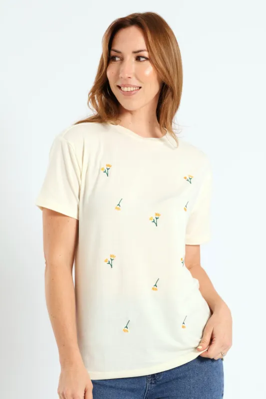 Floral Embroidered Tee - Ivory sold by Edgars