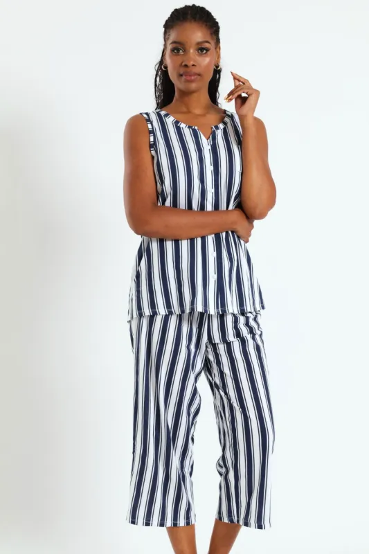 Button Through Stripe Capri Set - White/Blue sold by Edgars