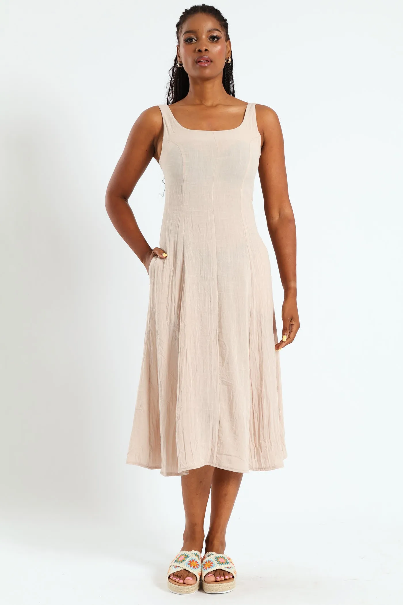 Pannelled Fit & Flare Linen Midi Dress - Stone sold by Edgars