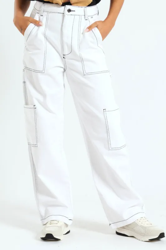 Cargo Contrast Stitch Jean - White/Black sold by Edgars