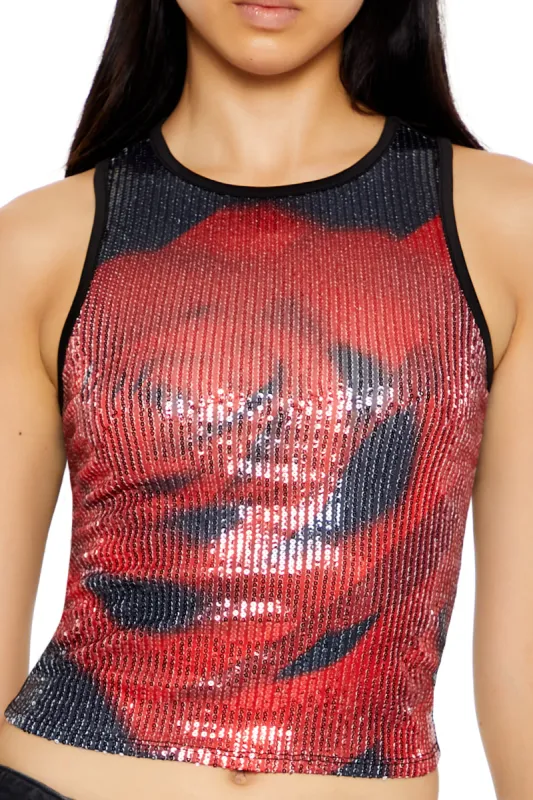 Rose Sequin Cropped Tank Top - Black/Red sold by Edgars