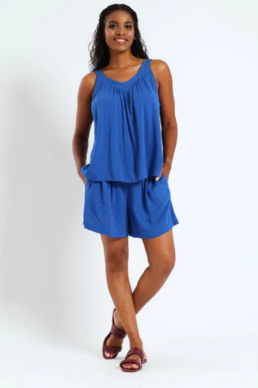 V-Neck Tie Back Linen Cami With Pintuck Detail - Cobalt sold by Edgars