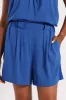 Pull-On Pleated Mock Fly Linen Mid Thigh Shorts - Cobalt sold by Edgars