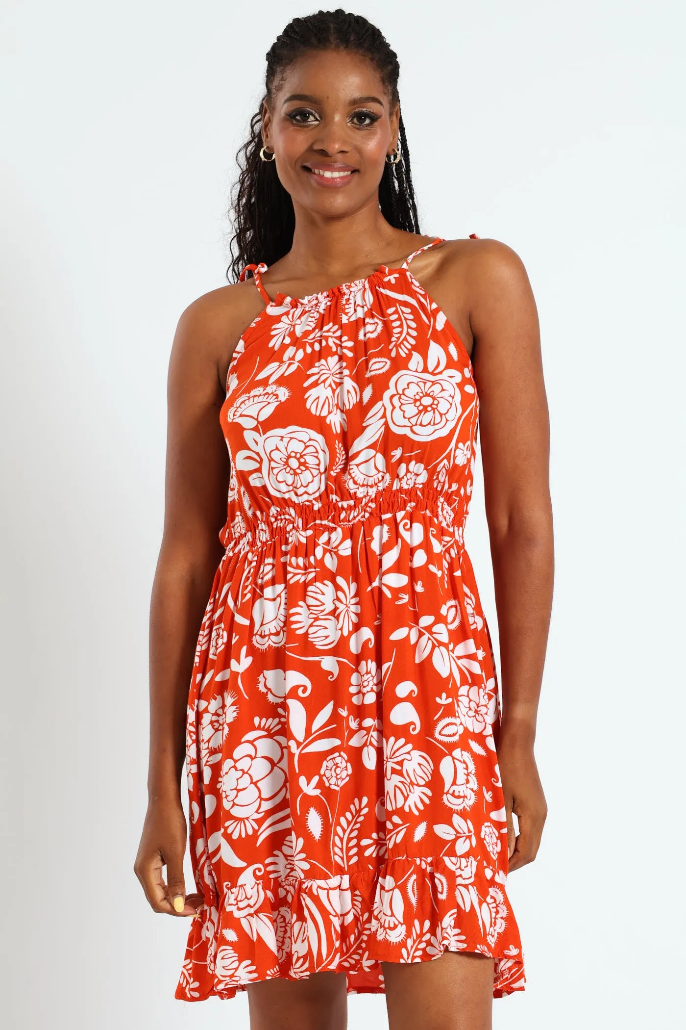 Strappy Shirred Waist Mini Dress - White/Orange sold by Edgars