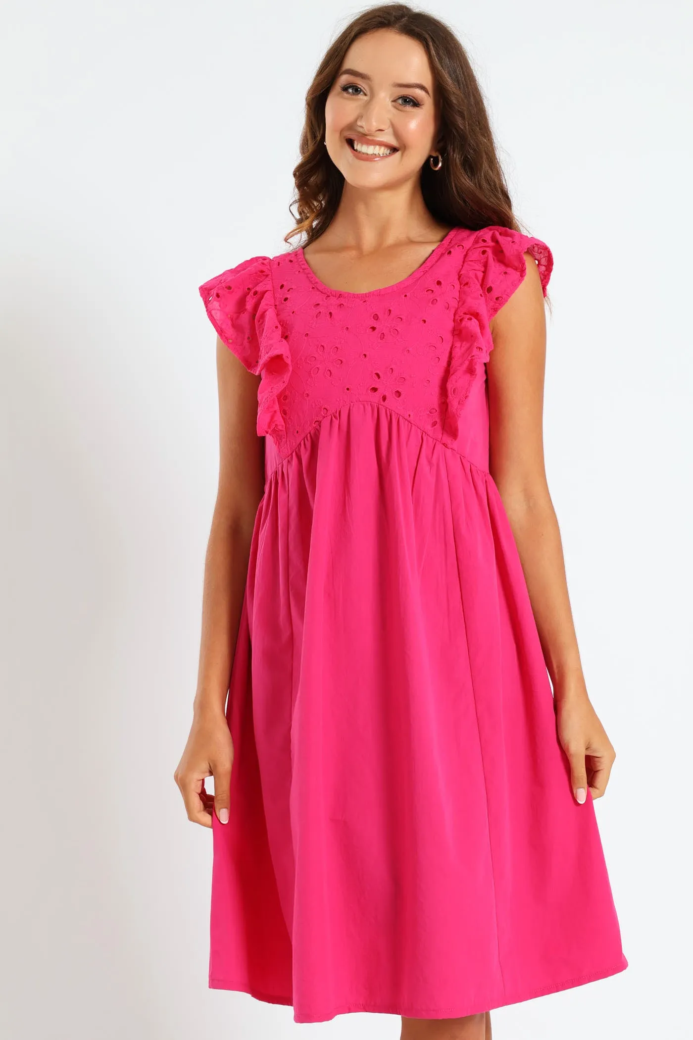 Anglaise Combo Frill Sleeve Mini Dress - Cerise sold by Edgars