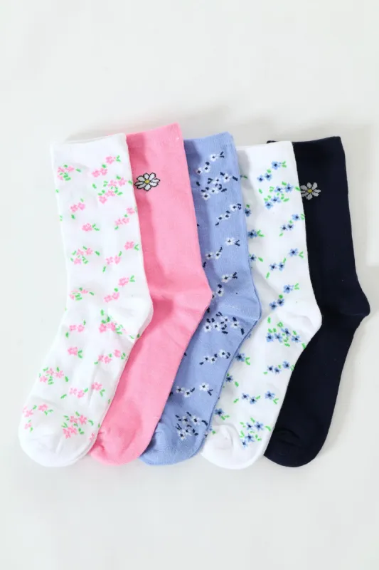 5 Pack Floral Ankle Socks - White/Blue sold by Edgars