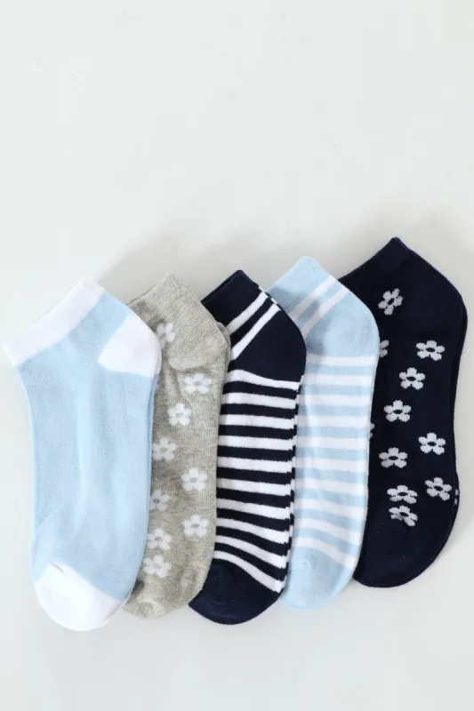 5 Pack Low Cut Flower Socks - White/Navy sold by Edgars