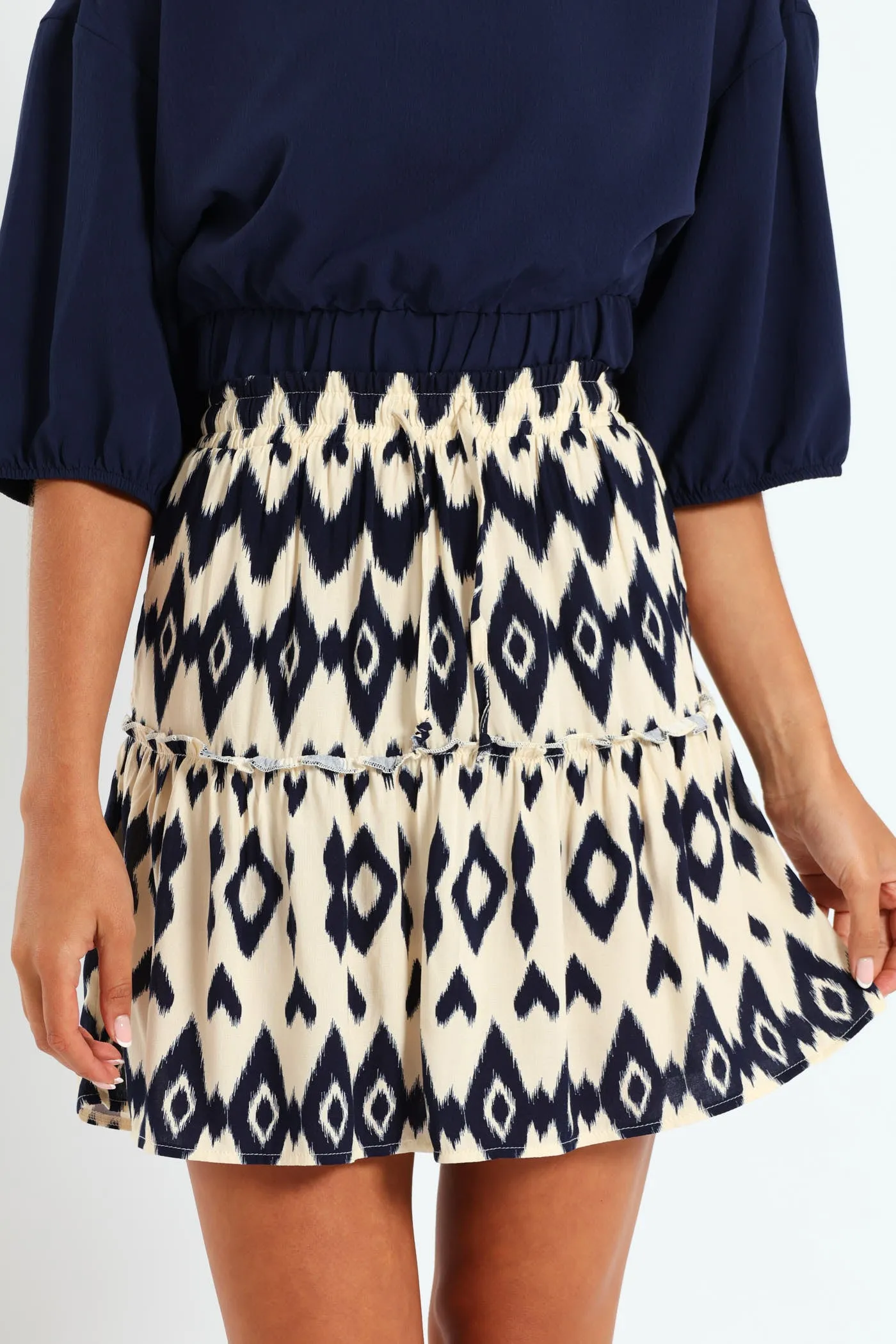 Tiered Midi Aztec Mini Skirt With Drawstring - Navy/White sold by Edgars