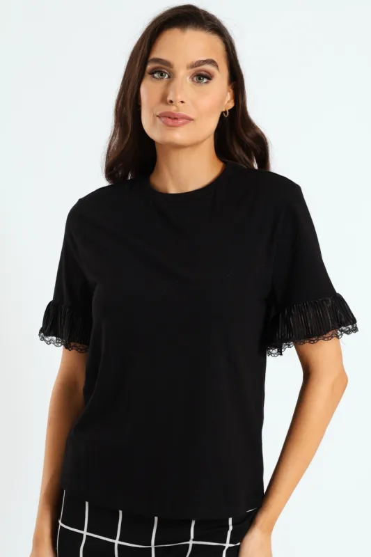 Lace Detail Sleeve Regular Fit Tee - Black sold by Edgars