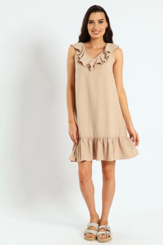 V-Neck Frill Hem Mini Dress - Stone sold by Edgars