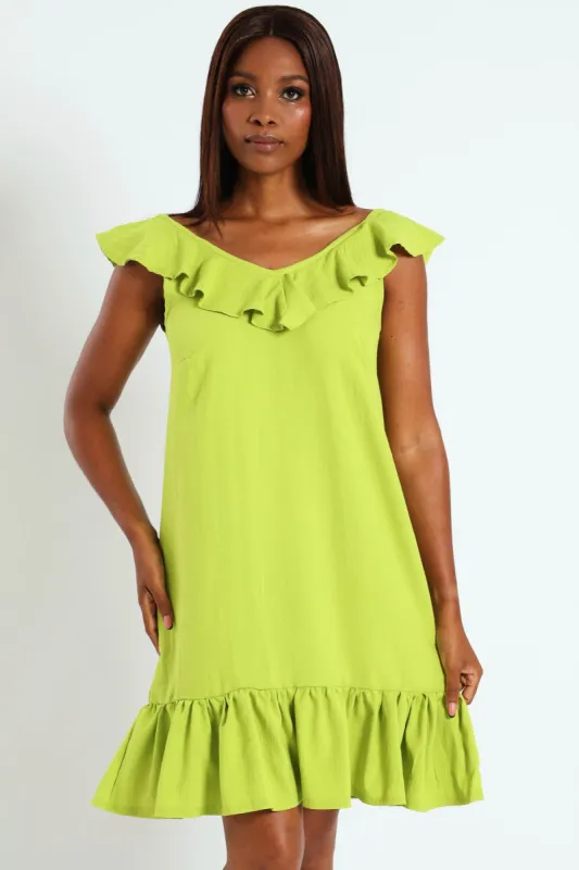 V-Neck Frill Hem Mini Dress - Lime sold by Edgars