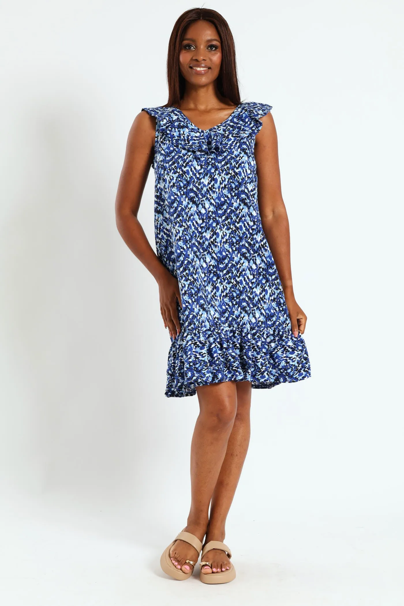 V-Neck Frill Hem Mini Dress - Blue sold by Edgars