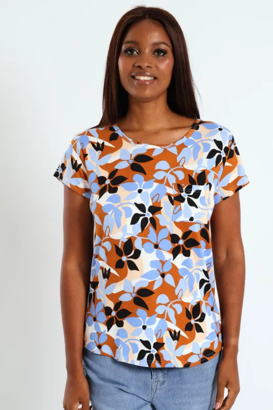 Floral Print Swirl Pocket Tee - Cream/Blue sold by Edgars 
