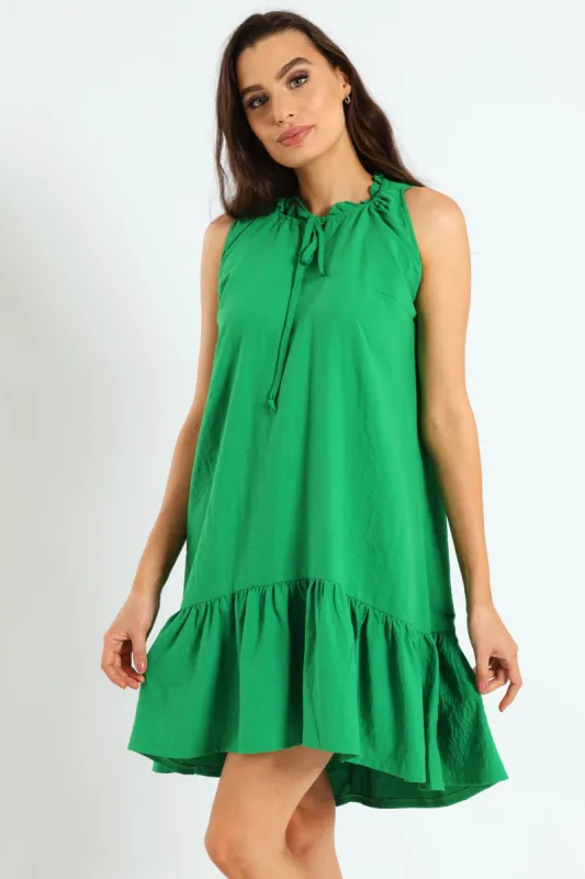 Frill Neck Drop Hem Dress - Emerald sold by Edgars