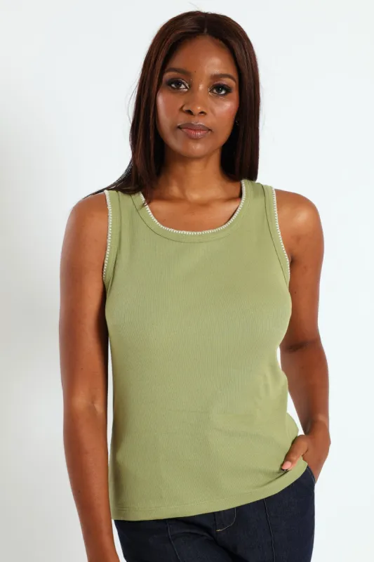 Stitch Edge Detail Rib Tank - Cabbage sold by Edgars 
