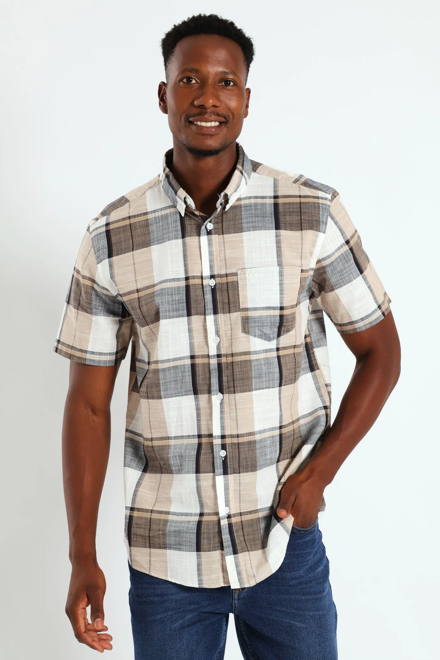 Button Down Slub Check Shirt - White sold by Edgars