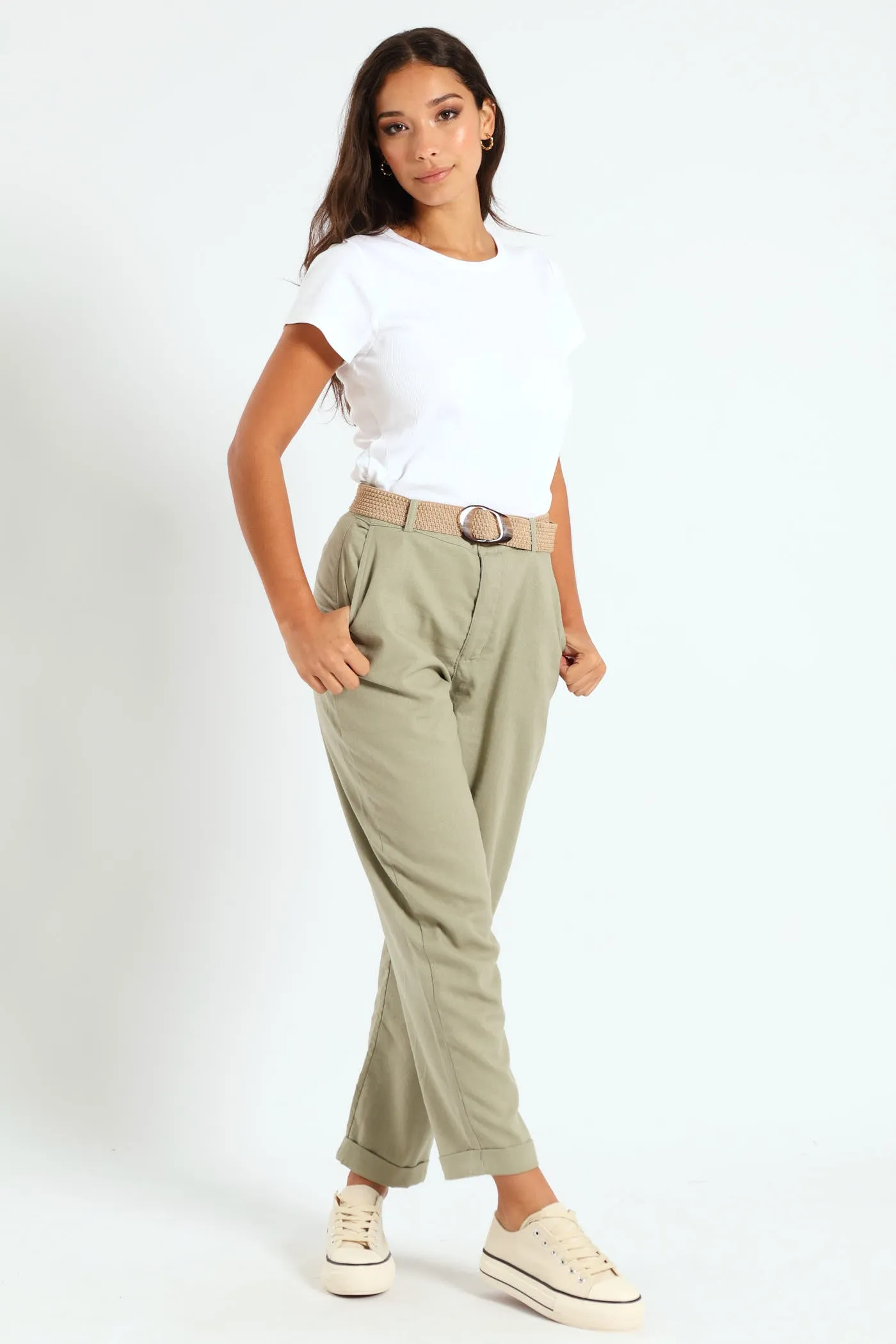Rafia Belted Tapered Leg Linen Pant - Light Fatigue sold by Edgars