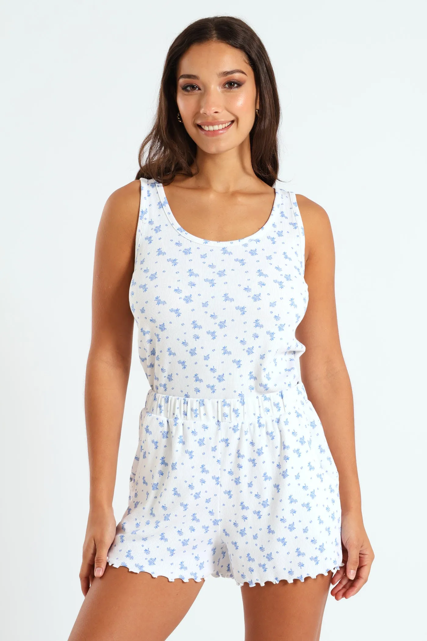 Picot Floral Rib Knit Short - Blue sold by Edgars