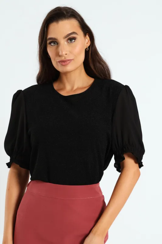 Shimmer Frill Sleeve Knitwear Top - Black sold by Edgars